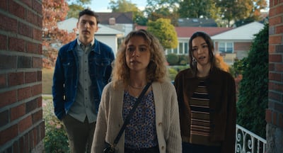 From left: Charlie Hall, Tatiana Maslany and Kiarra Hamagami Goldberg in Maximum Pleasure Guaranteed. Photo: Apple TV