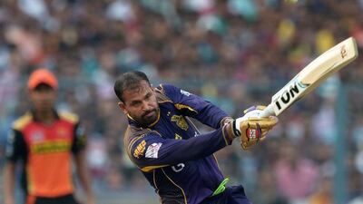 Kolkata Knight Riders batsman Yusuf Pathan plays a shot during the 2016 Indian Premier League (IPL) Twenty20 cricket match between Kolkata Knight Riders and Sunrisers Hyderabad at the Eden Gardens Cricket Stadium in Kolkata on May 22, 2016. Dibyangshu Sarkar / AFP
