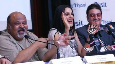 From left, the Pappu Can't Dance Saala director Saurabh Shukla and stars Neha Dhupia and Vinay Pathak at the pre-screening press conference in Dubai.