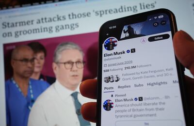 The official account of Elon Musk on X displaying a pinned post, a poll asking if 'America should liberate the people of Britain from their tyrannical government'. PA