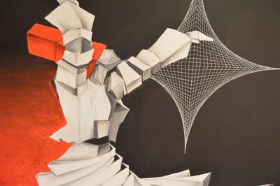 See mixed-media cubist works by Ria Sharma, including The Search Within (a detail, pictured), in the exhibition Melody in Meditation. Z Gallery