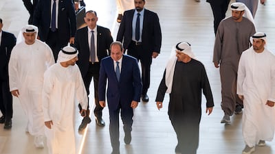 Sheikh Mohamed and Mr El Sisi arrive at Yas Mall, alongside Mohamed Khalifa Al Mubarak, Abu Dhabi Executive Council Member and Chairman of the Abu Dhabi Department of Culture and Tourism