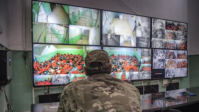 A fighter with the Syrian Democratic Forces (SDF) monitors on Surveillance screens, prisoners who are accused of being affiliated with ISIS, at a prison in the northeastern Syrian city of Hasakeh on October 26, 2019. AFP