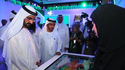 Sheikh Mohammed bin Rashid, Vice President and Ruler of Dubai, is shown around some of exhibitions at Dubai Health Forum on Monday. Wam