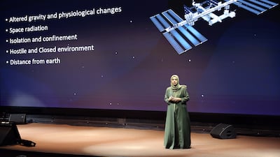Dr Hanan Al Suwaidi speaks during a conference in Dubai, on June 7. The Mohammed Bin Rashid Space Centre organised a live call titled 'A Call From Space' for Medical Science Edition with astronaut Sultan Al Neyadi, who is in the International Space Station (ISS) for a science expedition mission. EPA