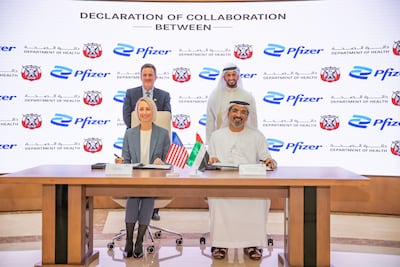 The deal was signed by Dr Jamal Al Kaabi, undersecretary of the Department of Health, and Lindsey Dietschi of Pfizer. Photo: Wam