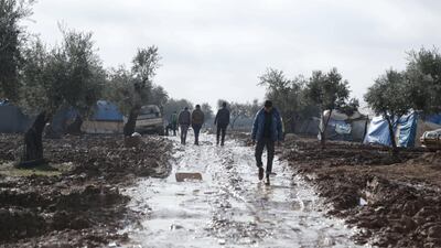 Location: Al-Karama camp in Atama. The aftermath of heavy rainfall on north Syria, residents lost their furniture, clothes and bedding as well as the tents waiting outside in open lands until the civil defense and NGs arrive to rescue them.