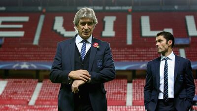 Manchester City manager Manuel Pellegrini shown at the Sanchez Pizjuan on Tuesday before his team played Sevilla in the Champions League. Ian Walton / Getty Images