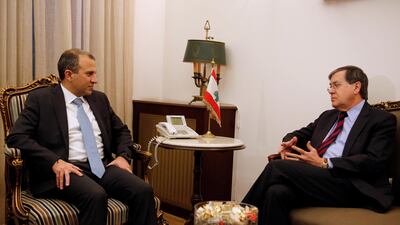 US diplomat David Satterfield, left, speaking with Lebanese Foreign Minister Gebran Bassil. Reuters