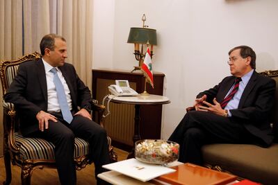 US diplomat David Satterfield, left, speaking with Lebanese Foreign Minister Gebran Bassil. Reuters