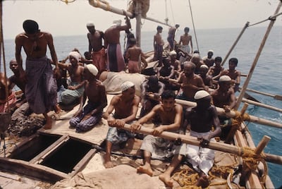 The crew of an Abu Dhabi pearling ship in 1971. The picture was captured by Canadian photographer, filmmaker and traveller Alain Saint-Hilaire.
