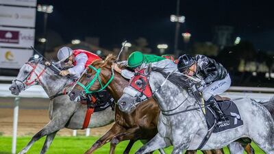 AF Majalis under Tadhg O’Shea, right, prevails in a photo finish, ahead of Gold Silver and Bshara. The trio meet again in the Group 3 Al Ruwais in Abu Dhabi on Thursday. Photo: Adiyat Racing Plus