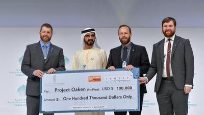 Sheikh Mohammed bin Rashid, Vice President and Ruler of Dubai, awards Project Oaken $100,000 for winning the Virtual Governments Hackathon Award, at the World Government Summit. Wam