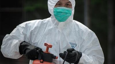 An official wearing a mask and protective suit carries a disinfectant container. The jump in bird flu cases comes during the 40-day travel period around Chinese New Year, during which Chinese are expected to make 3.6 billion trips as families reunite. Philippe Lopez / AFP Photo