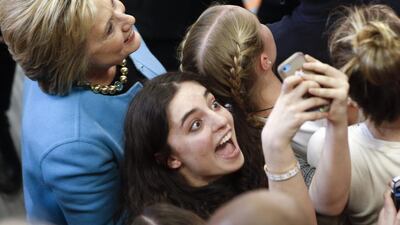 Democratic presidential candidate Hillary Clinton meets with attendees during a campaign stop at Manchester Community College in Manchester, New Hampshire. Matt Rourke / AP Photo