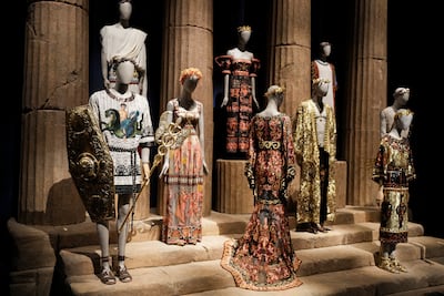 Looks from the July 2019 collections that celebrated the Ancient Greek history of Sicily are part of the exhibition. AP