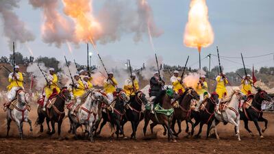 Moroccan horsemen perform traditional horse riding during a Moussem culture and heritage festival in the capital Rabat.