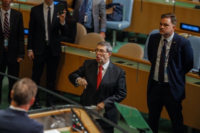 Cuba's Minister of Foreign Affairs, Bruno Rodriguez Parrilla, shouts at US envoy to the UN Mike Waltz during the debate. EPA