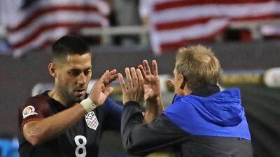 Clint Dempsey of the United States is greeted by coach Jurgen Klinsmann after being taken out of the match in the second half against Costa Rica in their Copa America contest on Tuesday. Jonathan Daniel / Getty Images / AFP / June 7, 2016