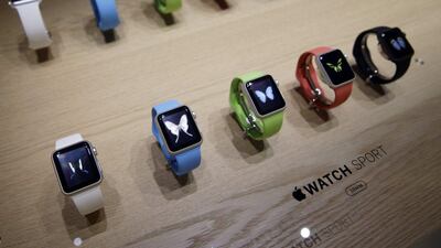Varieties of the new Apple Watch Sport are on display in the demo room. The Apple Watch comes in three models: the Sport, the Apple Watch, and the Apple Watch Edition. Eric Risberg / AP Photo