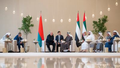 Sheikh Mohamed meets Mr Lukashenko at the Presidential Airport. Also in attendance was Sheikh Hamdan bin Mohamed bin Zayed, Deputy Chairman of the Presidential Court for Special Affairs; Mohamed Alsuwaidi, Minister of Investment; Ahmed Al Sayegh, Minister of State; Ali Al Shamsi, Secretary General of the UAE Supreme Council for National Security; and Mohamed Alabbar, Chairman of Eagle Hills