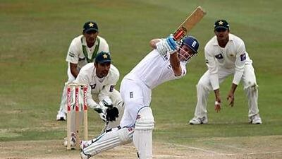 Andrew Strauss of England hits out during day four of the second Test against Pakistan at Edgbaston.