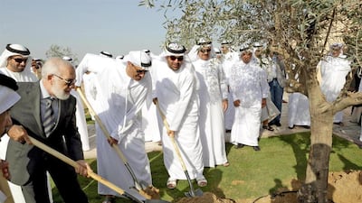 Thirty olive trees were planted in the Holy Quran Park in Dubai as part of Plantation Week. Dr Rashid bin Fahad, Minister of Environment and Water, and Hussain Lootah, director general of Dubai Municipality, were at the event, joined by Islamic scholars. Courtesy Dubai Municipality