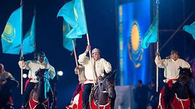 Traditional performers stage a show in Astana to celebrate the birthday of Nursultan Nazarbayev, the president, and the opening of Khan Shatyr.