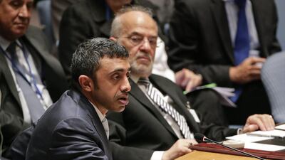The UAE Minister for Foreign Affairs Sheikh Abdullah bin Zayed Al Nahyan speaks to the UN Security Council on September 19 at the United Nations headquarters. Julie Jacobson / AP Photo