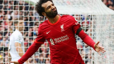 Liverpool's Mohamed Salah celebrates a goal which is later disallowed for offside by VAR. Getty