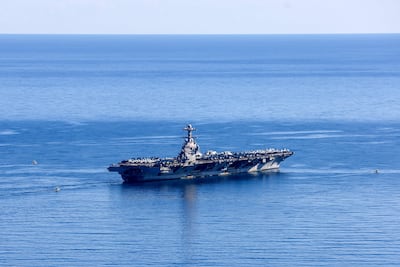 The US Navy aircraft carrier USS Gerald R Ford departs the island of Crete on February 26, as it heads to the Middle East. AFP