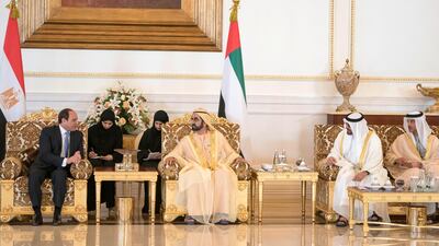 Sheikh Mohammed bin Rashid, Vice-President and Ruler of Dubai (3rd R), Sheikh Mohammed bin Zayed, Crown Prince of Abu Dhabi and Deputy Supreme Commander of the UAE Armed Forces (2nd R), Sheikh Hazza bin Zayed, Vice Chairman of the Abu Dhabi Executive Council (R), meet with Abdel Fattah El Sisi, President of Egypt (L), during a reception at the Presidential Airport. Mohamed Al Hammadi / Crown Prince Court - Abu Dhabi
