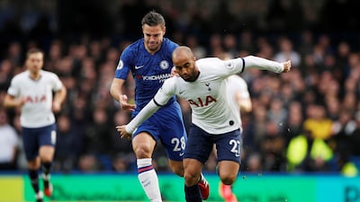 Tottenham Hotspur's Lucas Moura in action with Chelsea's Cesar Azpilicueta during Saturday's 2-1 Premier League defeat to the Blues at Stamford Bridge. Reuters