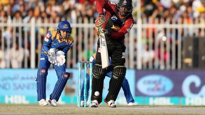 Chris Gayle of Lahore Qalandars playing a shot against Karachi Kings in the Pakistan Super League T20 match at Sharjah Cricket Stadium in Sharjah. ( Pawan Singh / The National )