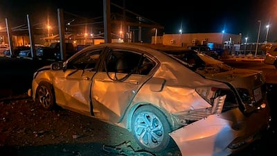 A damaged car at an Aramco terminal in the southern border town of Jizan, Saudi Arabia on Sunday. SPA
