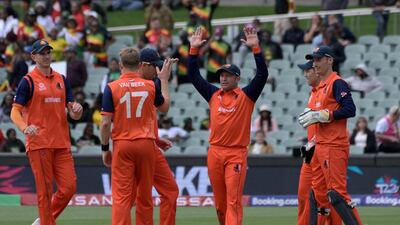 Netherlands players celebrate the dismissal of Zimbabwe's Milton Shumba. AFP