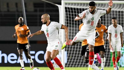 Morocco's Sofyan Amrabat and Ismael Saibari, right, at the Stade Laurent Pokou. AFP