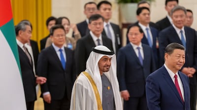 President Sheikh Mohamed attends a reception hosted by China's President Xi Jinping, at the Great Hall of the People in Beijing.