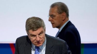 Thomas Bach, in front, is a leading contender to succeed Jacques Rogge as the IOC president. Fabrice Coffrini / AFP
