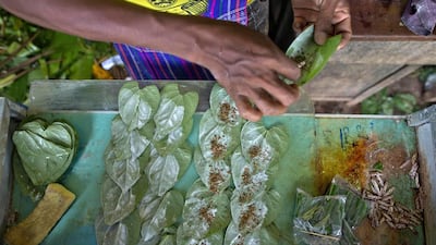 A retail seller wraps “kun-ya” at a market in Yangon, Myanmar. The bright green betel leaves, as large as an adult palm, normally cost $1.80 to $2.50 per kilogram. Gemunu Amarasinghe / AP