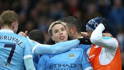 Samir Nasri of Manchester City celebrates scoring his team’s second goal with teammates during the Premier League match between Manchester City and West Bromwich Albion at the Etihad Stadium on April 9, 2016 in Manchester, England. (Photo by Jan Kruger/Getty Images)
