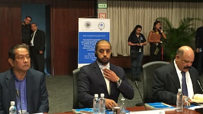 From left: Jose Khan, the Venezuelan central bank director with responsibility for mineral resources, Ahmed bin Sulayem, chairman of the Dubai Multi Commodities Centre and chairman of the Kimberley Process, and Nelson Merentes, president of the Venezuelan central bank, during one of the meetings on the diamond trade. Frank Kane / The National