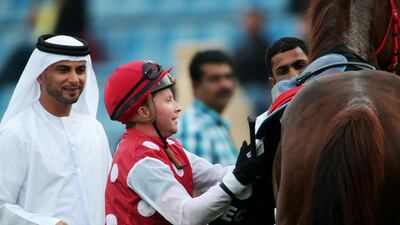Tadhg O'Shea atop Nashmee raced to victory in the Ajban race during the eighth race meeting at Abu Dhabi Equestrian Club in Abu Dhabi on January 18, 2015. Christopher Pike / The National