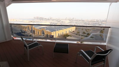 View from the balcony of a cabin on the MSC Virtuosa, overlooking Hamdan Bin Mohammed Cruise Terminal 3 in Port Rashid, Dubai