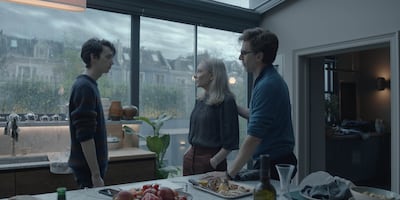 Kodi Smit-McPhee as Nicolas Ravenscroft, Cate Blanchett as Catherine Ravenscroft, and Sacha Baron Cohen as Robert Ravenscroft in Disclaimer. Photo: Apple TV+