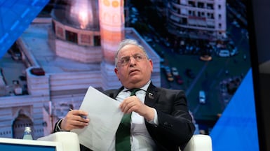 Syrian Finance Minister Yisr Barnieh speaks during the IMF and World Bank annual meetings in Washington. AP