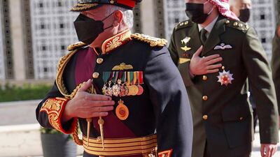 Jordan's King Abdullah II arrives for the inauguration of the 19th Parliament’s non-ordinary session to deliver a speech from the throne, in Amman Jordan. AP