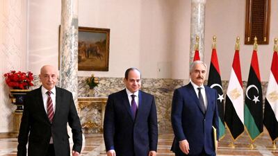 Egyptian President Abdel Fattah El Sisi, centre, with Libyan commander Khalifa Haftar, right, and the Libyan Parliament Speaker Aguila Saleh in Cairo. AFP