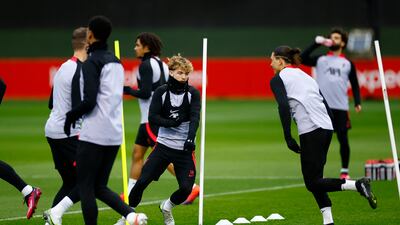 Liverpool's Harvey Elliott during training. Reuters
