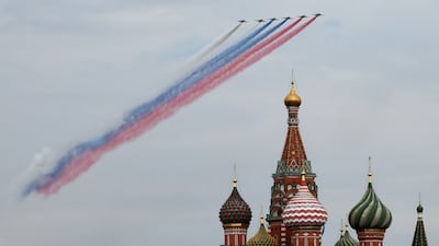 Russian jets over St Basil’s Cathedral in Moscow during a rehearsal for a military parade to mark the 81st anniversary of victory over Nazi Germany in the Second World War. Reuters